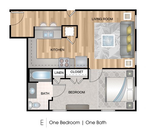 Floor plan for 1 bed, 1 bath, 675 sqft